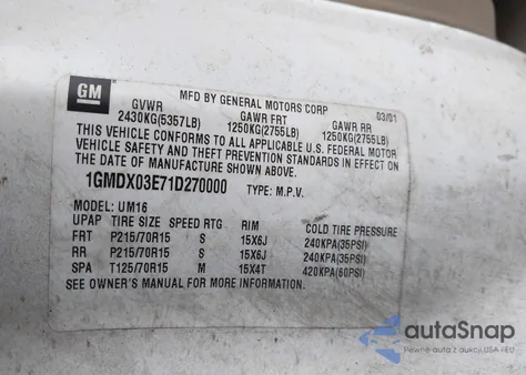 2001 Pontiac Montana M16 W/1Sc Pkg. z USA, uszkodzony, nr VIN 1GMDX03E71D270000